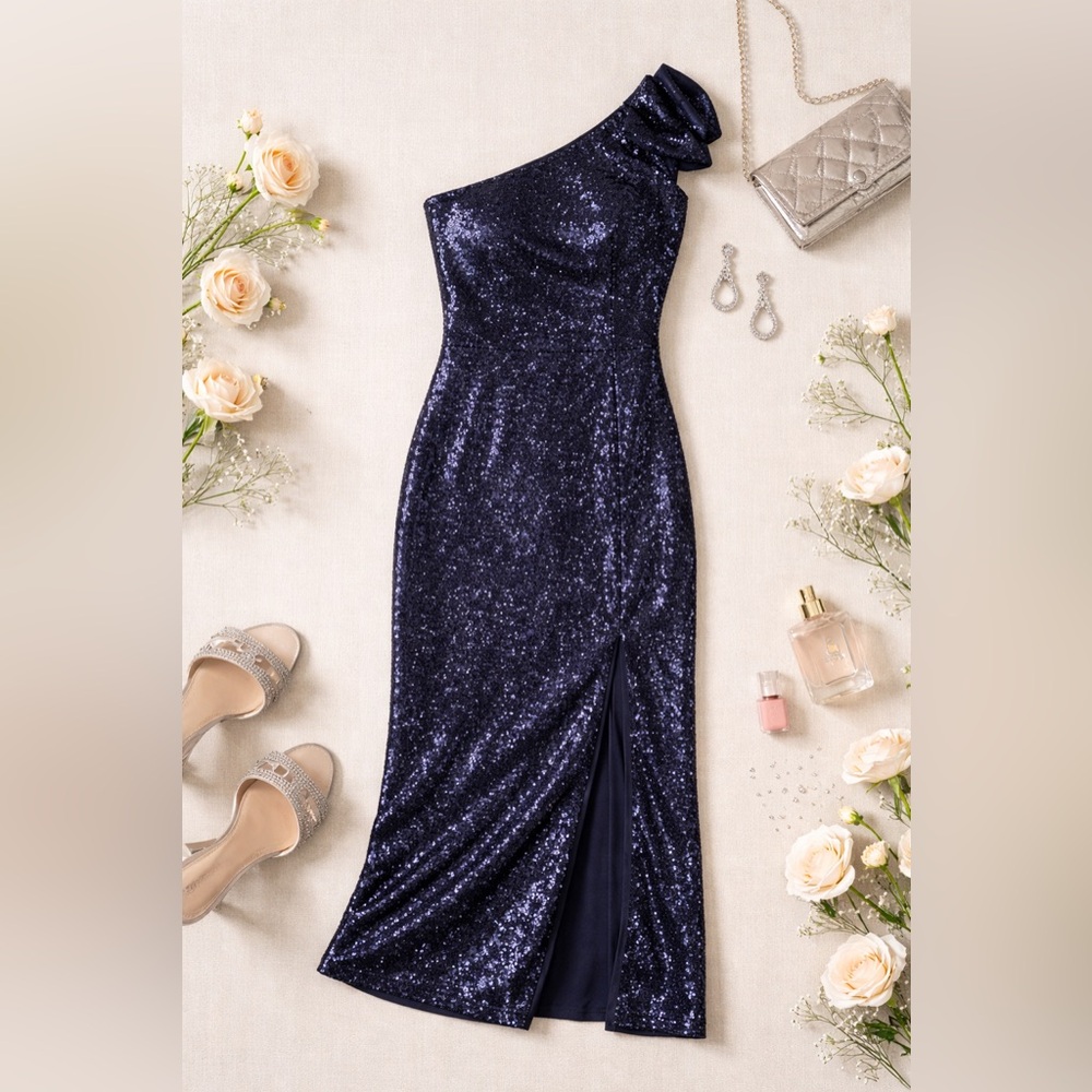 Ieena for Mac Duggal Bow One Shoulder Midnight Sequin Midi Dress Size 8 - Picture 3 of 7